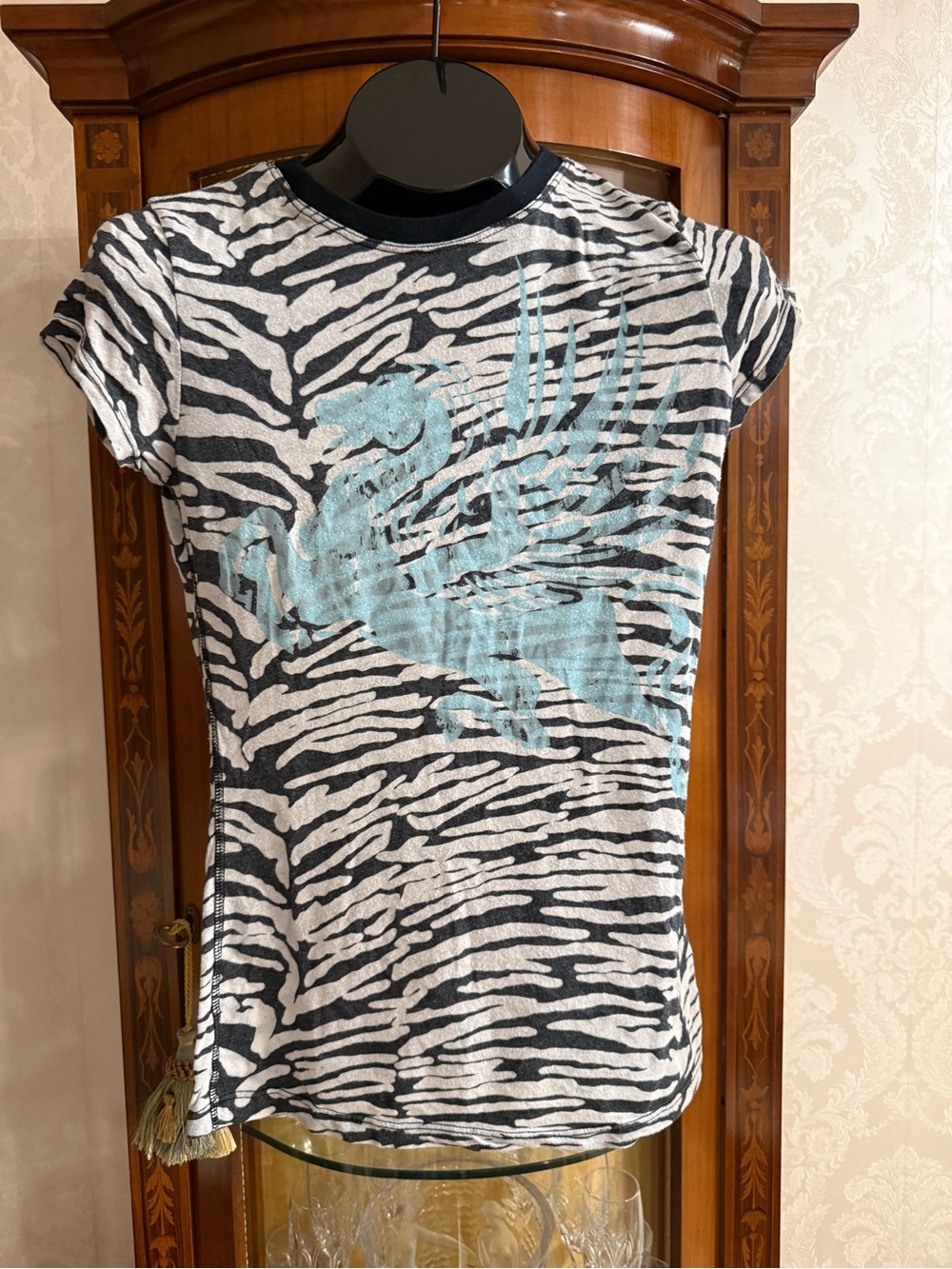 Vintage Crash 💥 and Burn burn outGraphic Zebra Print Tee with Blue Pegasus Motif